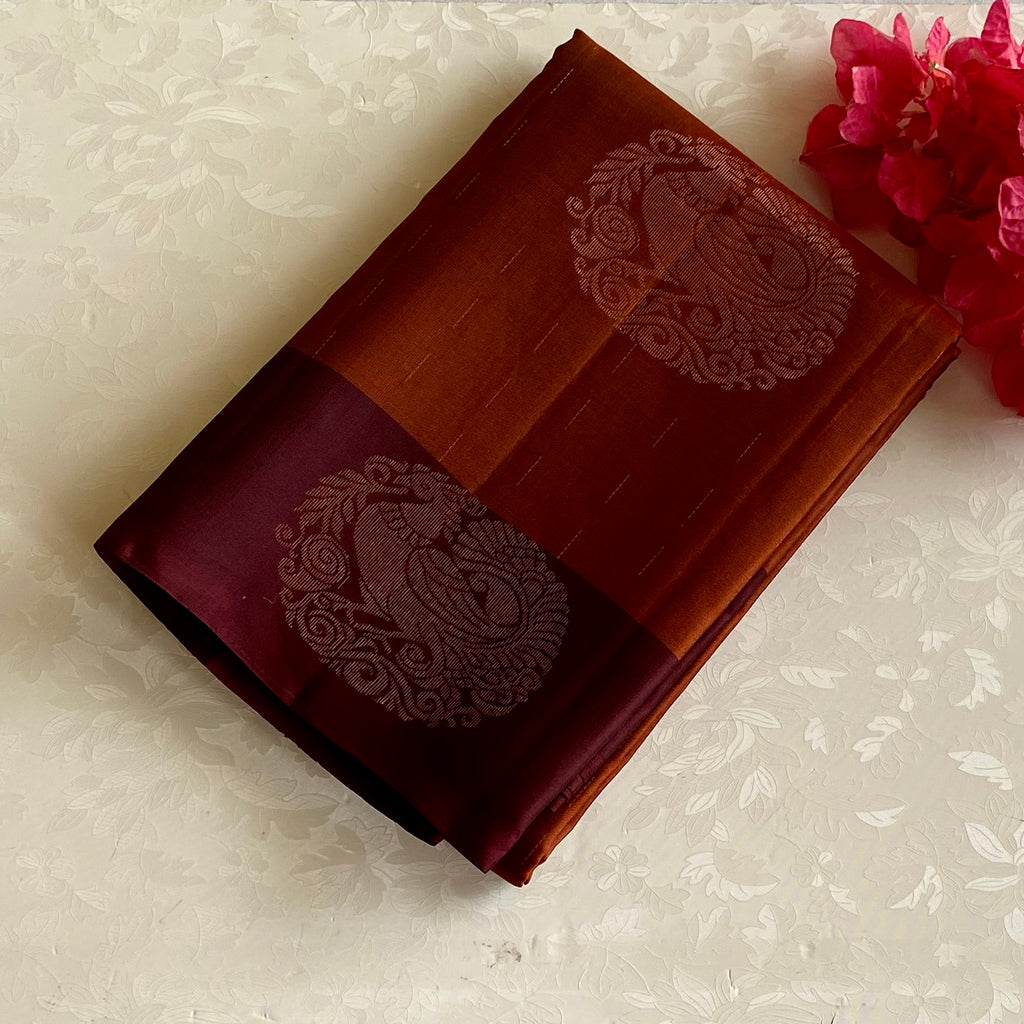 Deep Rust Designer Pure Silk Saree With Wine Maroon Pallu