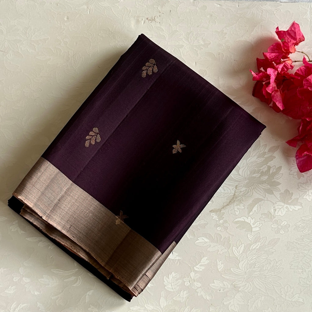Deep Plum Designer Pure Silk Saree With Blush Peach Pallu