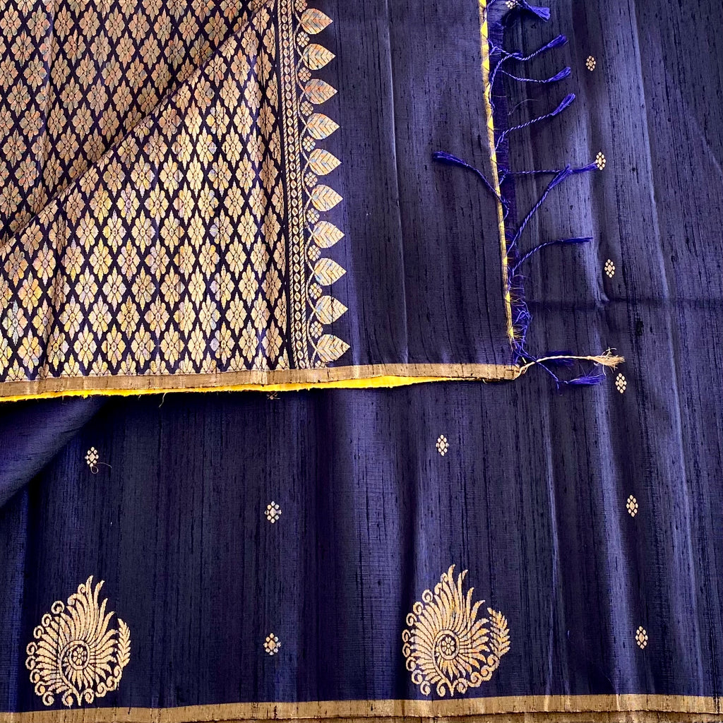 Navy Blue Designer Pure Raw Silk Saree With Golden Yellow Contrast Blouse