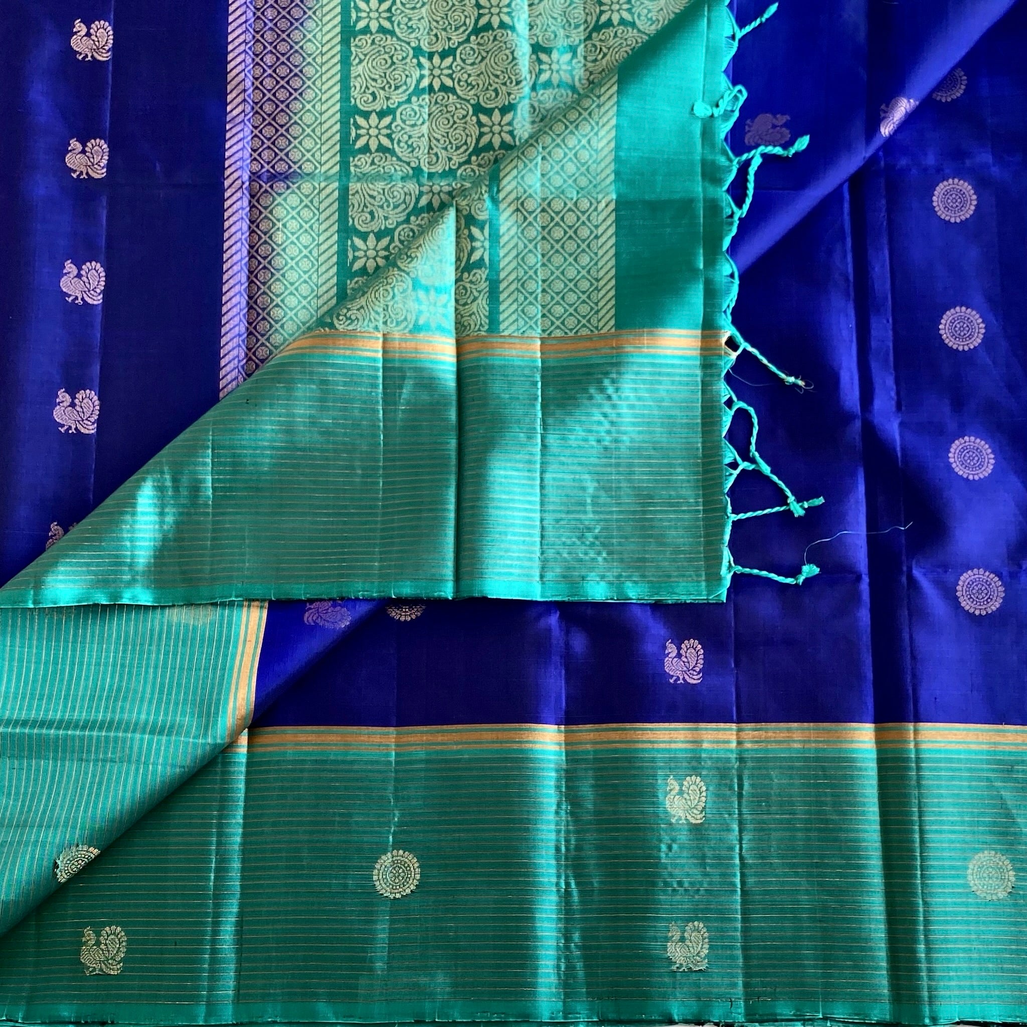 Stunner Royal Blue with Turquoise Designer Pure Silk with Peacock & Rudraksh Motifs
