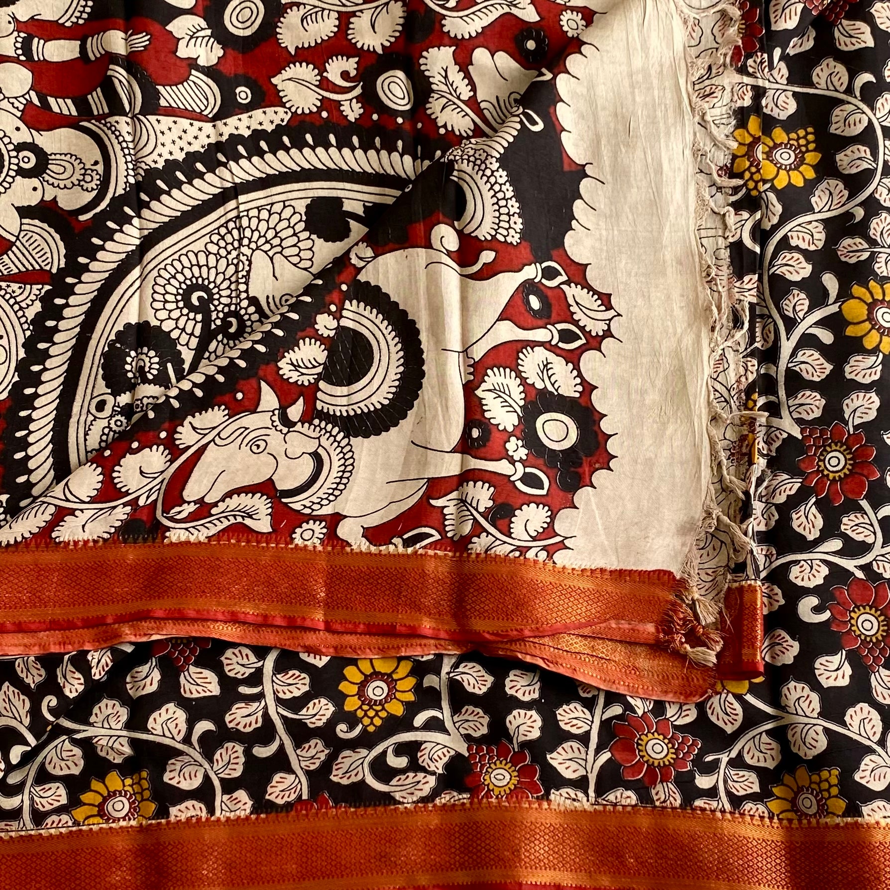 Kalamkari Designer Cotton Silk Saree With Antique Ivory Pallu