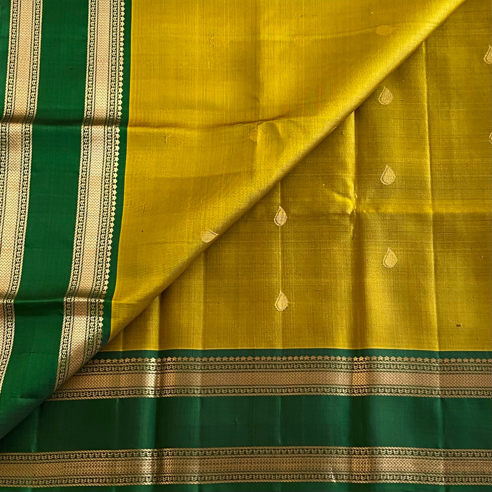 Mustard Yellow Designer Pure Silk Saree With Bottle Green Pallu