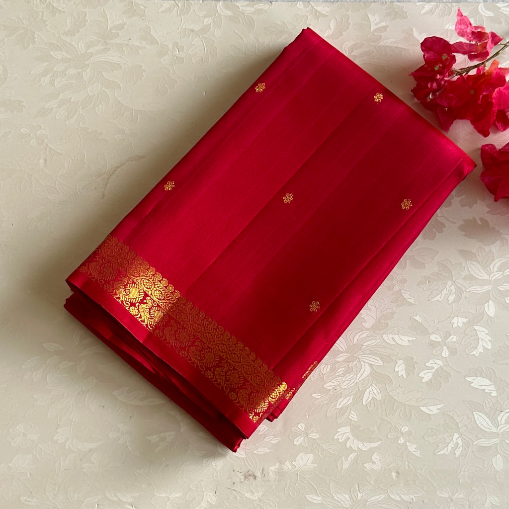 Reddish Pink Kanjeevaram Pure Zari Silk Saree With Ruby Red Pallu