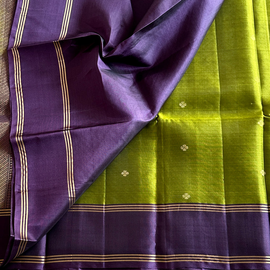 Chartreuse Green with Deep Purple Designer Lightweight Pure Silk