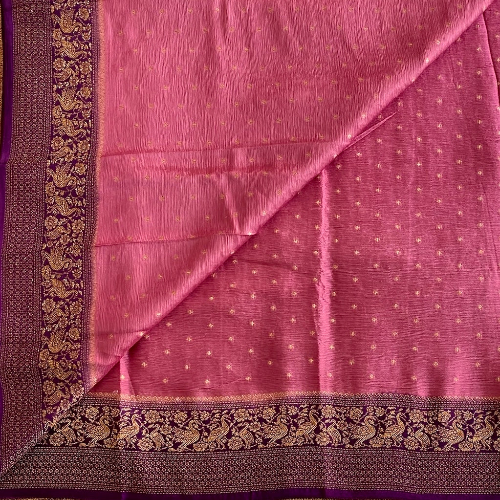 Rani Pink And Royal Purple Soft Tussar Silk Saree With Gold Zari