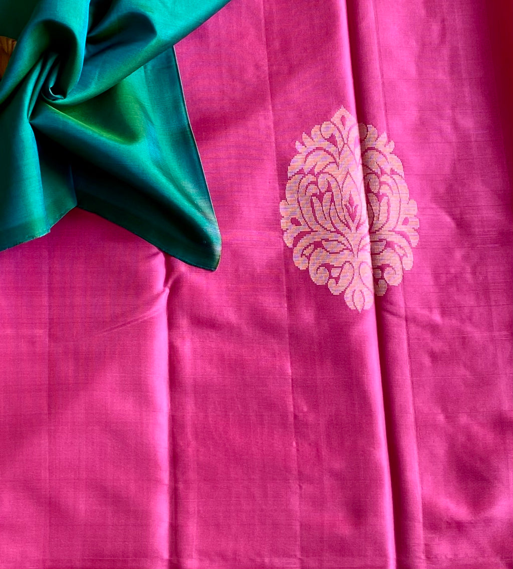 Magenta Silk Saree Teal Pallu Silver Brocade Wedding Festive