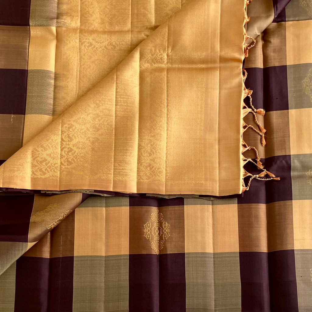 Antique Gold Designer Pure Silk Saree With Deep Plum Checks
