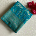 Azure Blue Soft Tussar Silk Saree With Gold Brocade Border