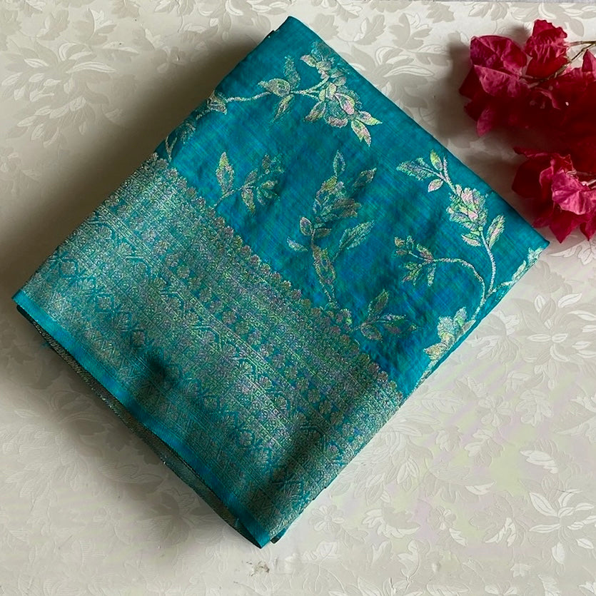 Azure Blue Soft Tussar Silk Saree With Gold Brocade Border