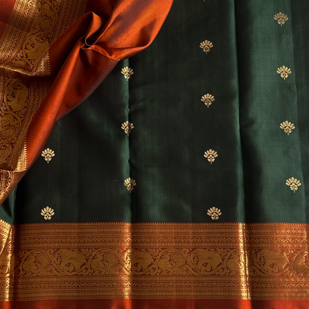 Deep bottle green Saree Burnt Orange Pallu Gold Brocade Border