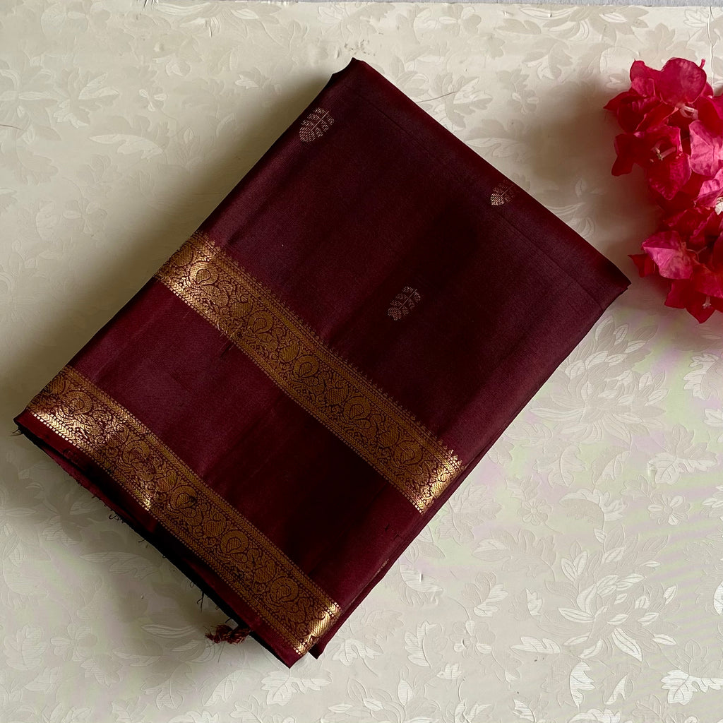 Burgundy Designer Pure Silk Saree With Gold Zari Borders And Paisley