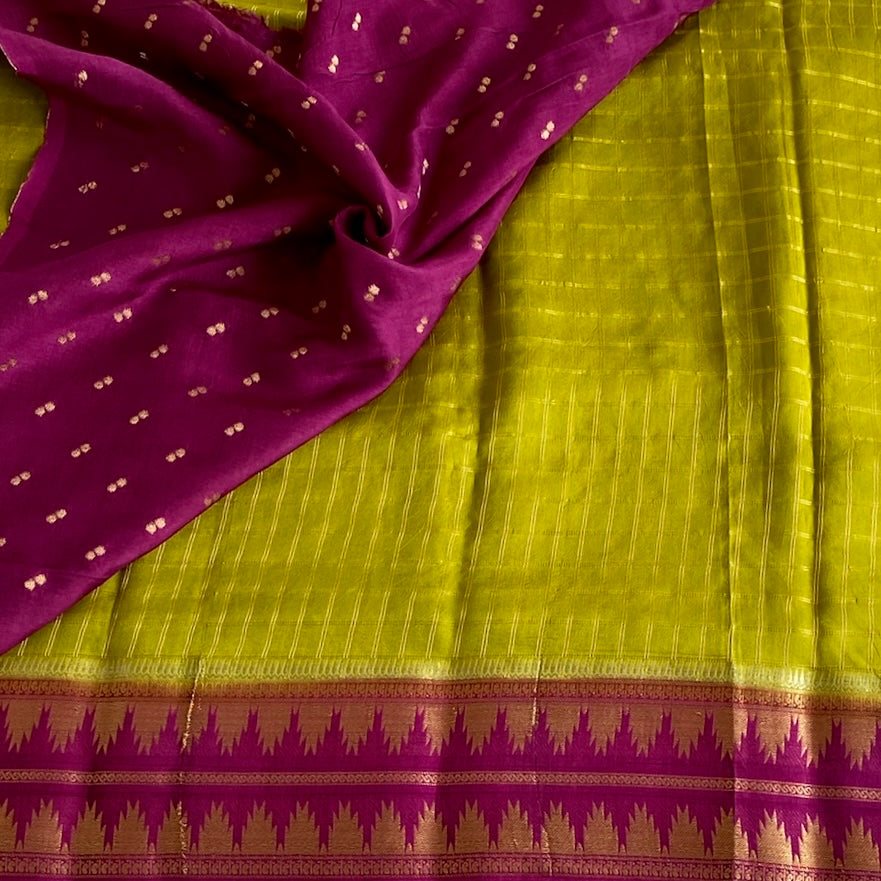 Lime Green Soft Tussar Silk Saree With Magenta Pallu And Gold Border