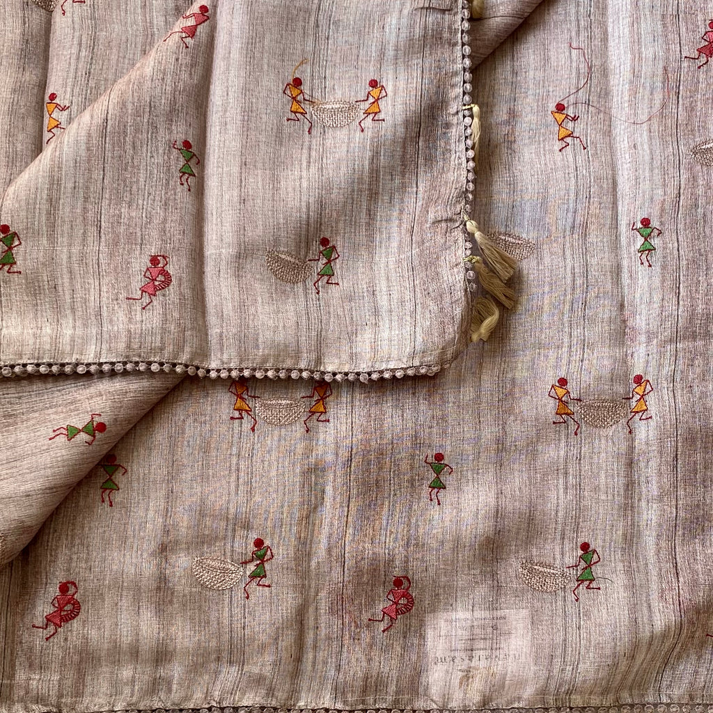 Muted Mauve Folk Embroidered Saree with Pom Pom Border