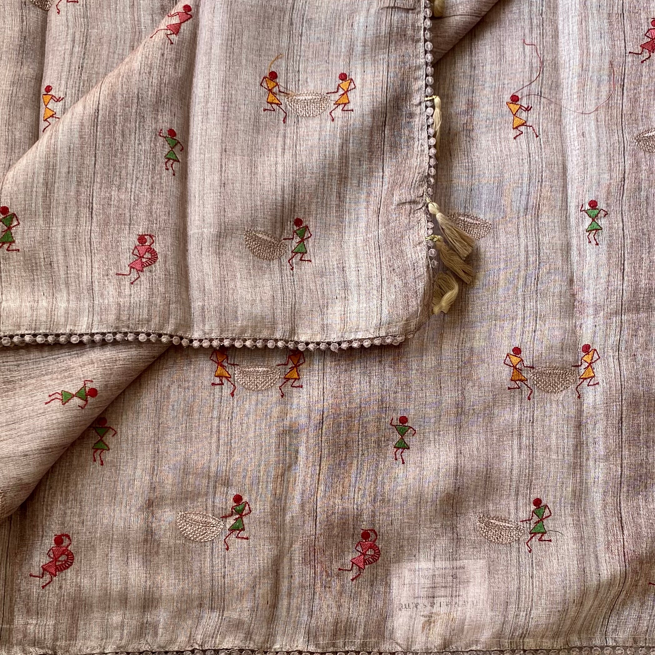 Muted Mauve Folk Embroidered Saree with Pom Pom Border