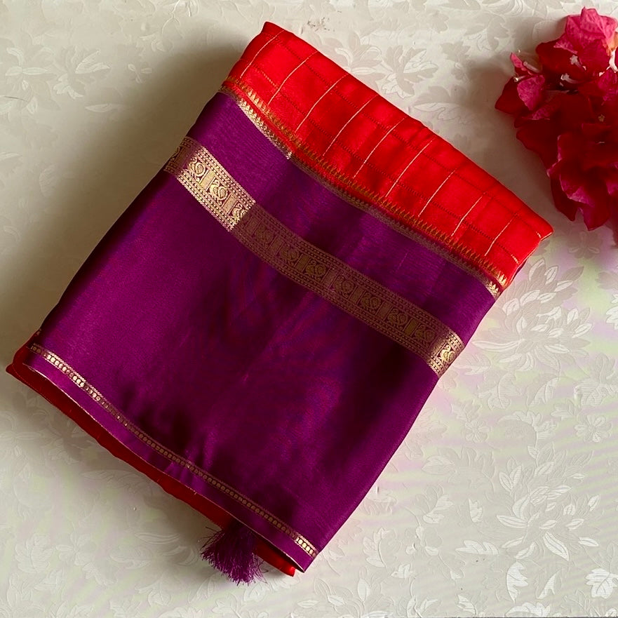 Scarlet Red Soft Crepe Silk Saree With Royal Purple Pallu