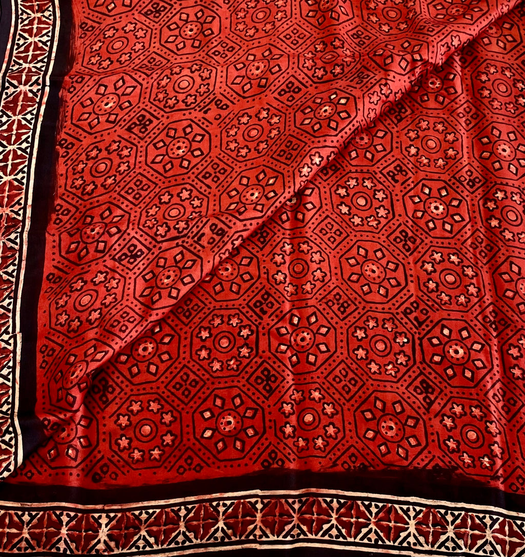 Rust Red Ajrak HandBlock Printed Silk With Jet Black Border Zari Pallu