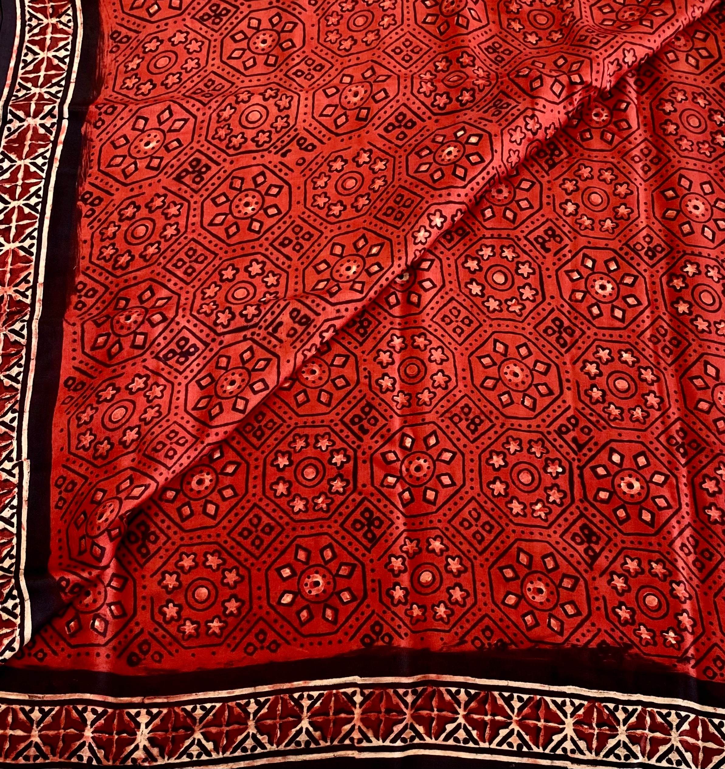 Rust Red Ajrak HandBlock Printed Silk With Jet Black Border Zari Pallu