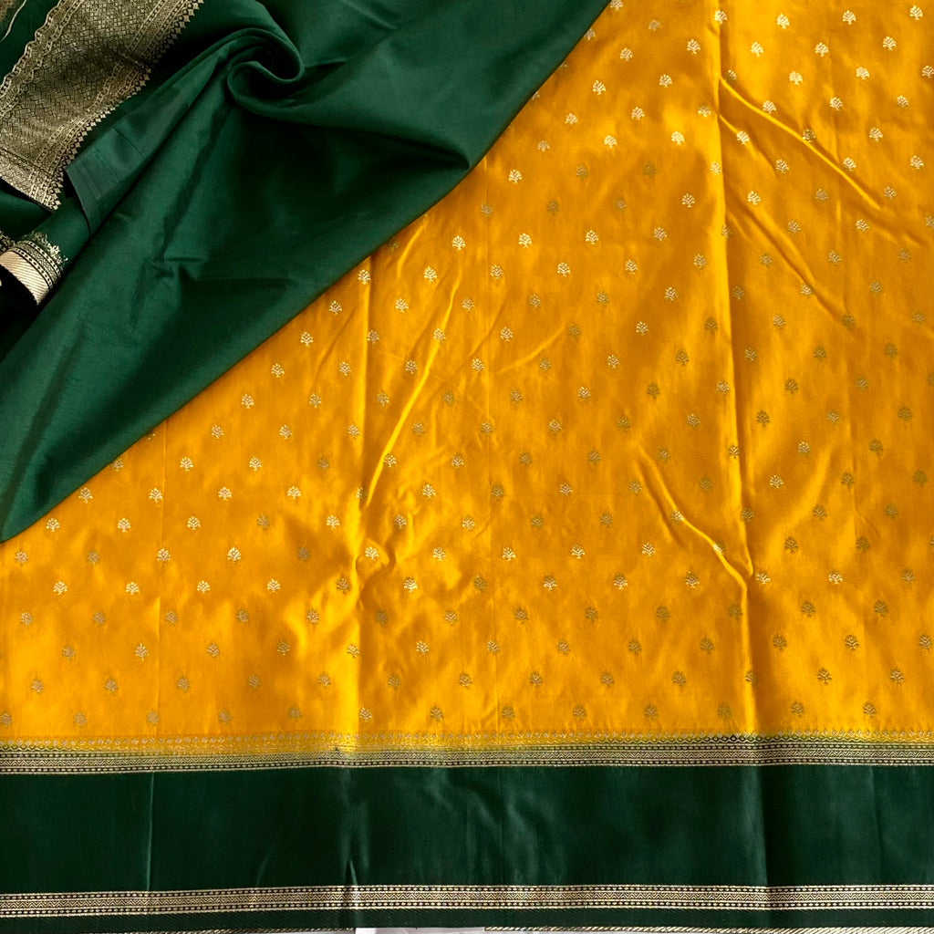 Mustard Green Zari Brocade Silk Saree With Tassel Border Elegant