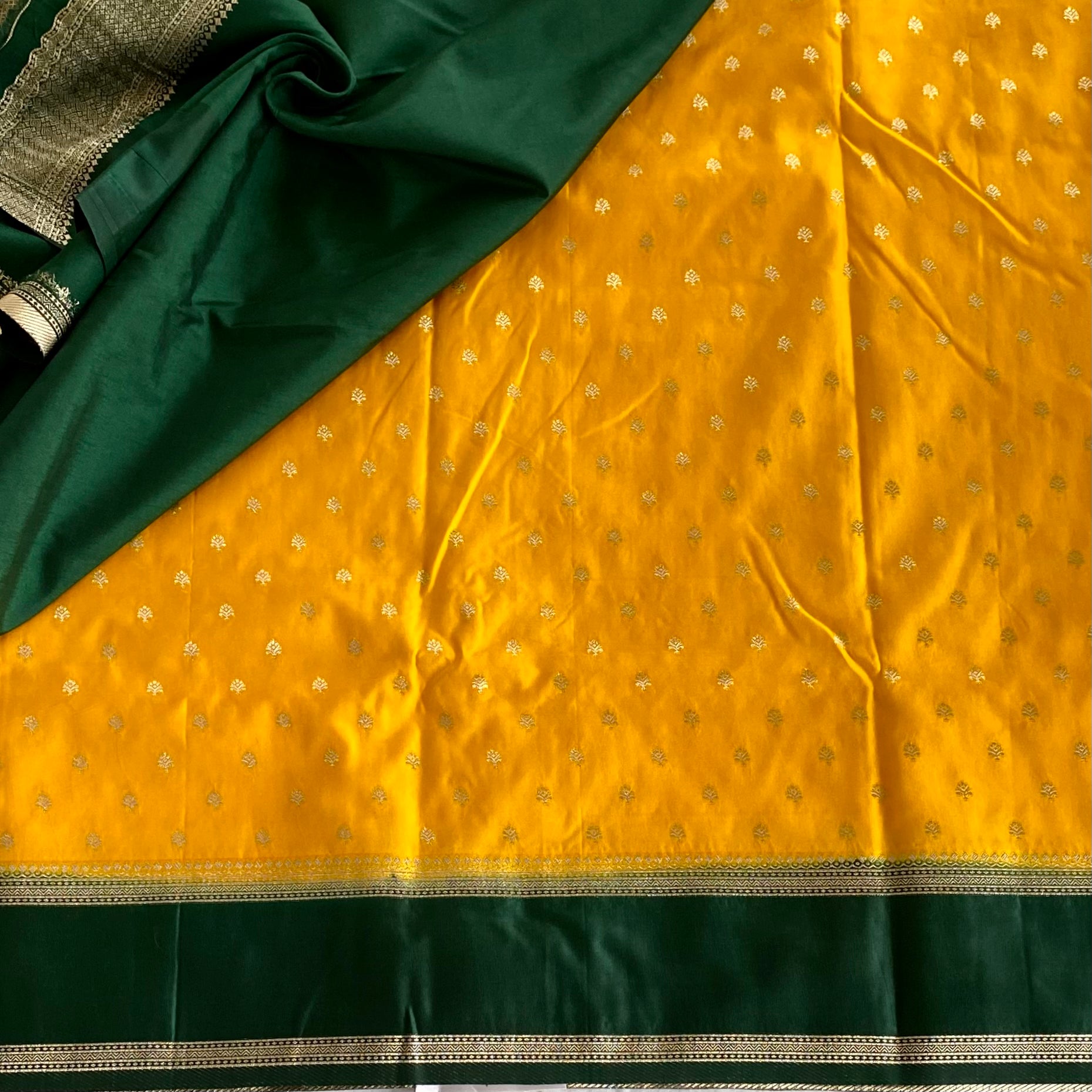 Mustard Green Zari Brocade Silk Saree With Tassel Border Elegant