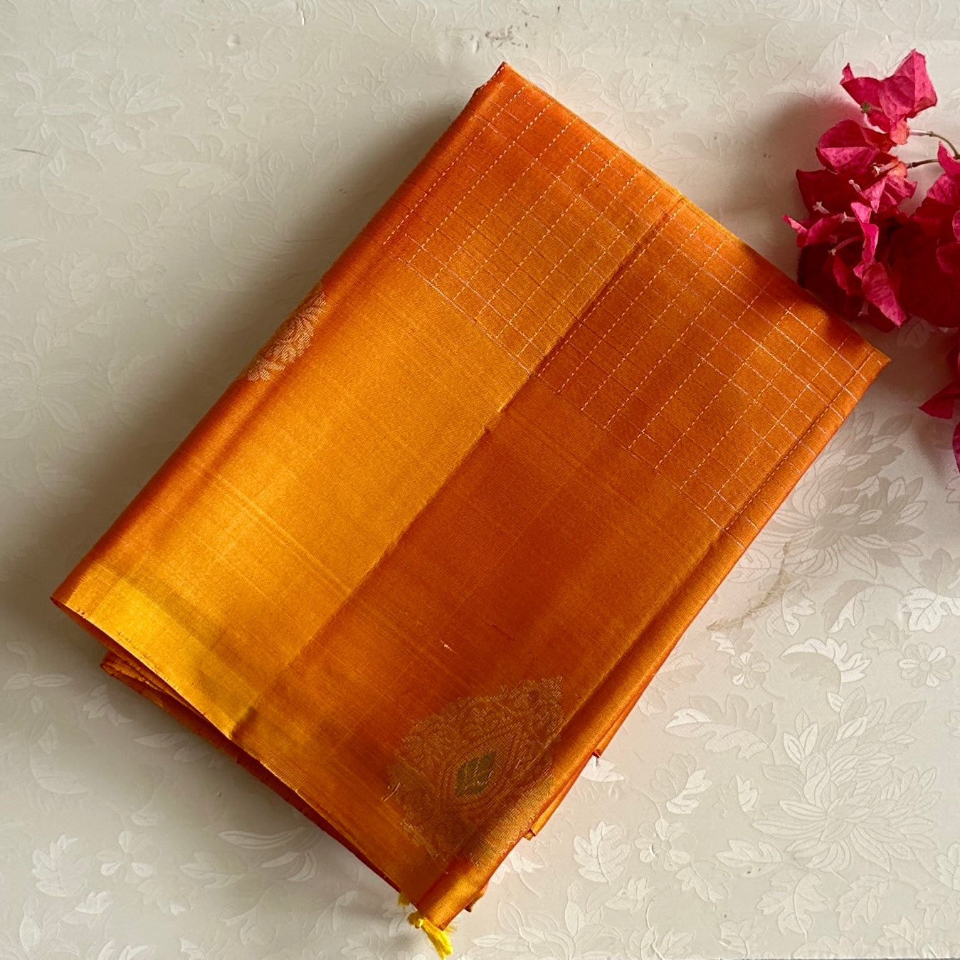 Sunset Orange Designer Pure Silk Saree With Checkered Pallu
