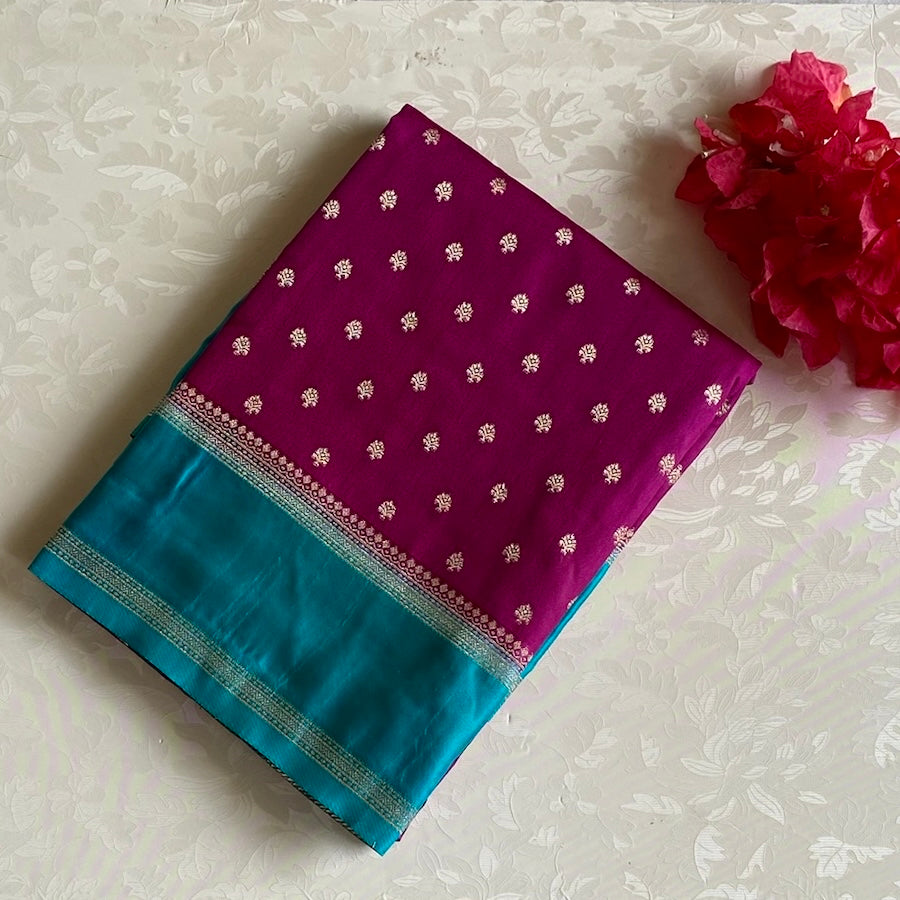 Elegant Magenta Teal Silk Saree Woven Zari Buti Tassel Border