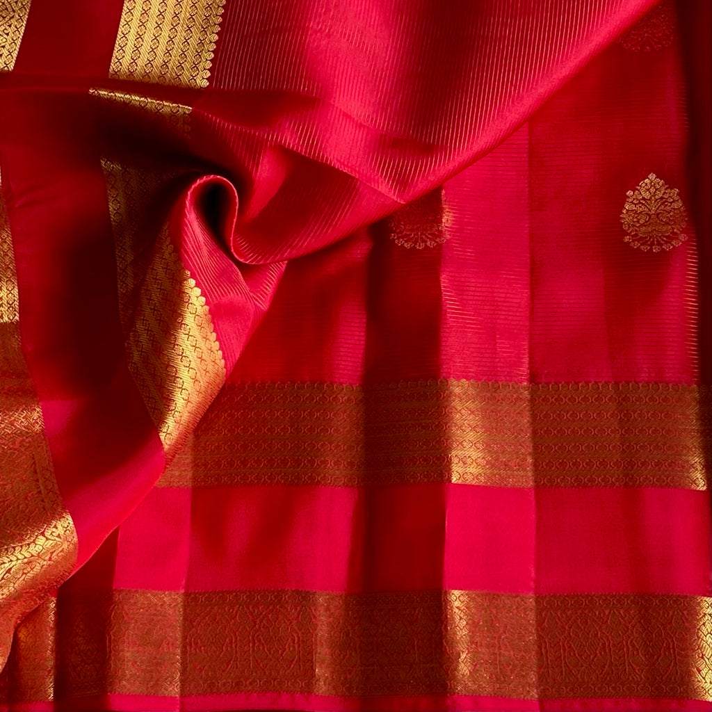Tomato Pink Designer Pure Silk Saree With Antique Gold Brocade