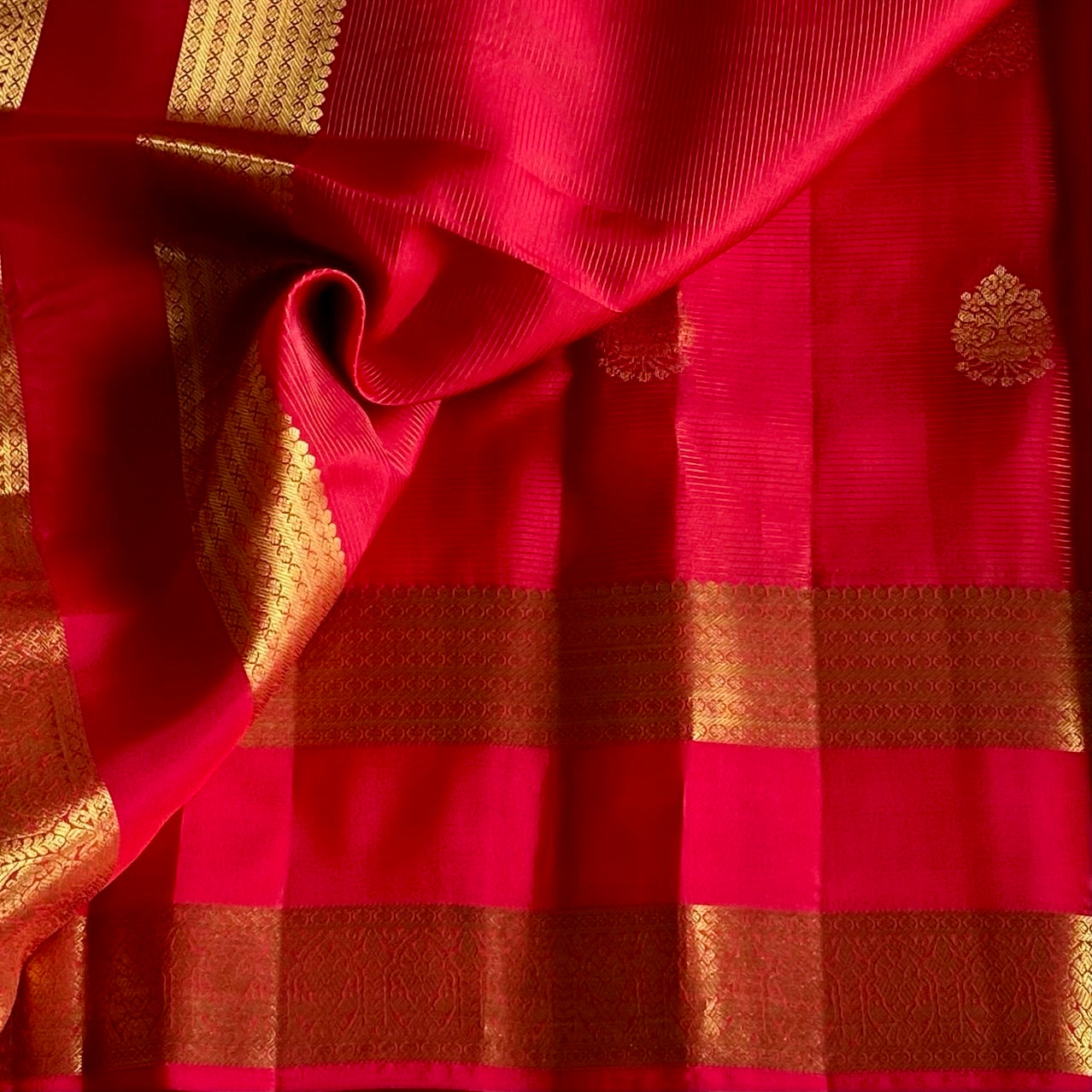 Tomato Pink Designer Pure Silk Saree With Antique Gold Brocade