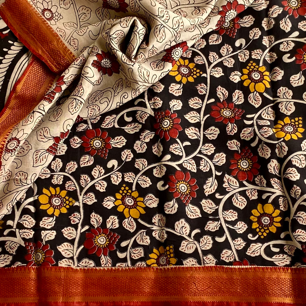 Kalamkari Designer Cotton Silk Saree With Antique Ivory Pallu