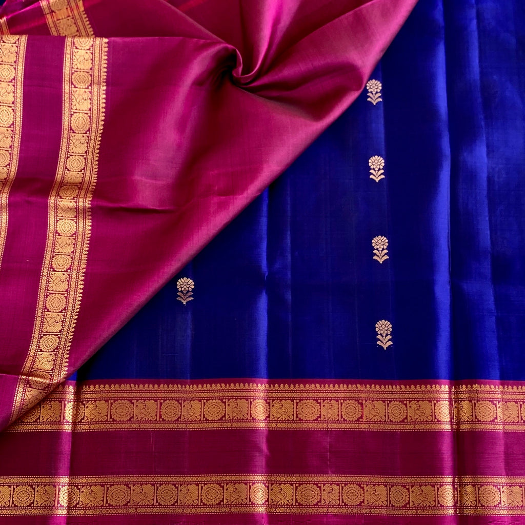 Royal Blue Designer Pure Silk with Stunning Magenta Contrast Pallu