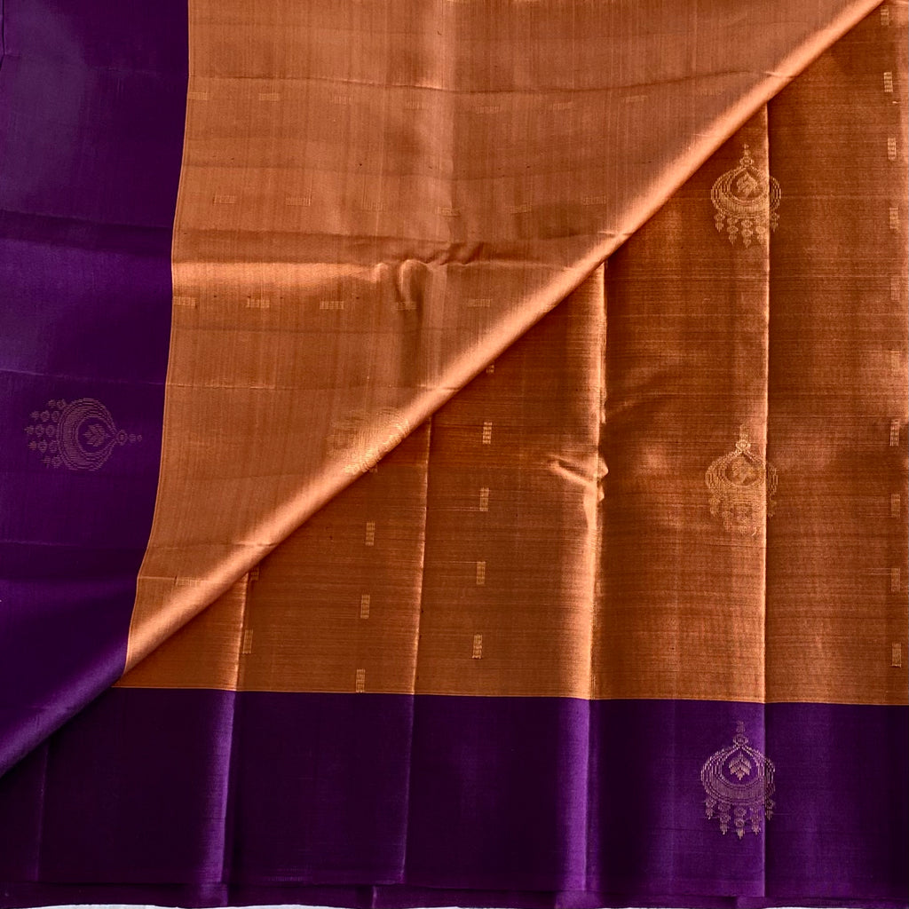 Royal Purple And Burnt Orange Designer Pure Silk Saree With Zari