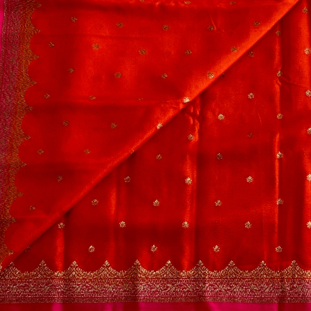 Tangerine Orange Banarasi Crepe Silk Saree With Rani Pink Pallu