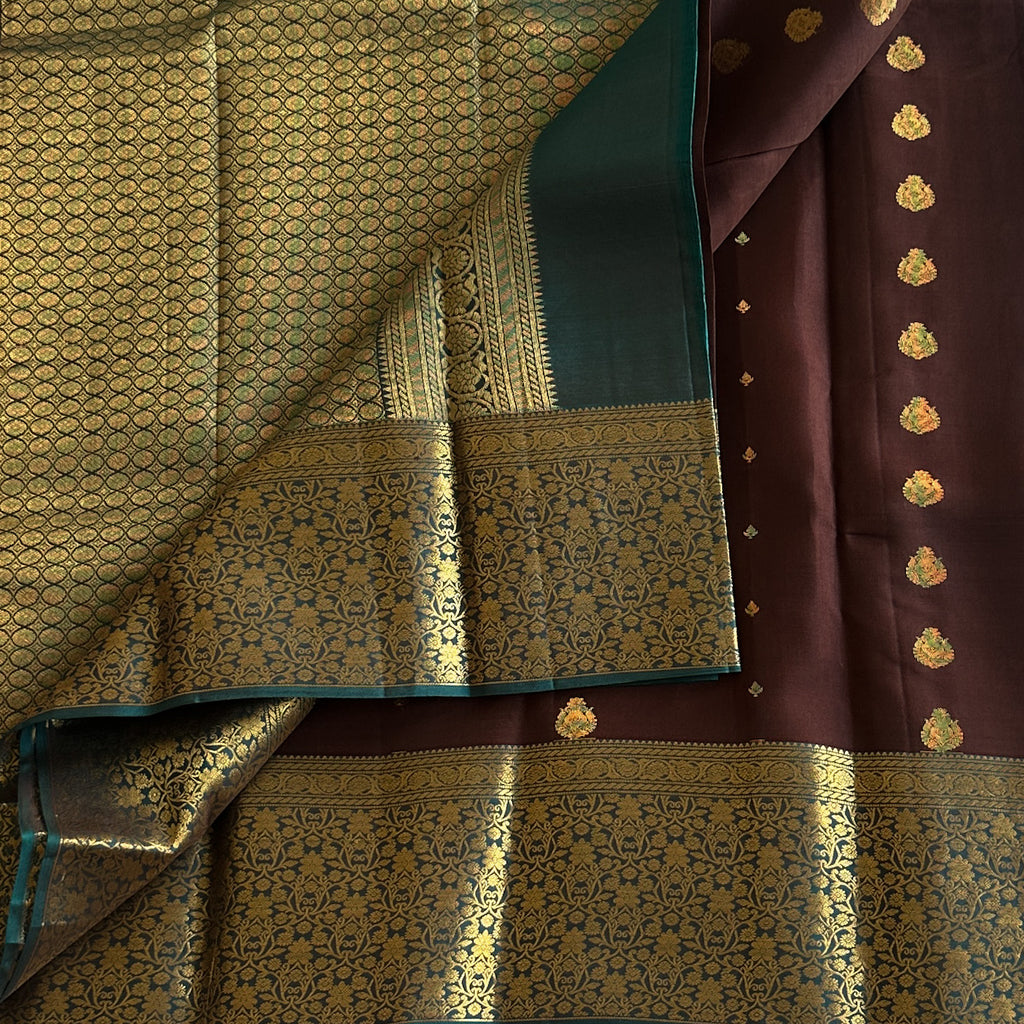 Peacock Teal Silk Brocade Saree Maroon Buta Wedding Attire Premium