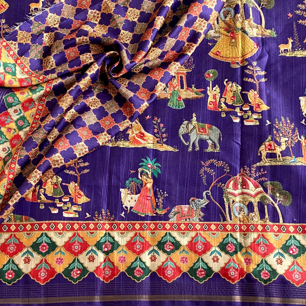 Indigo Purple  Designer Soft Printed Tussar Saree Mustard Yellow & Mirror Work