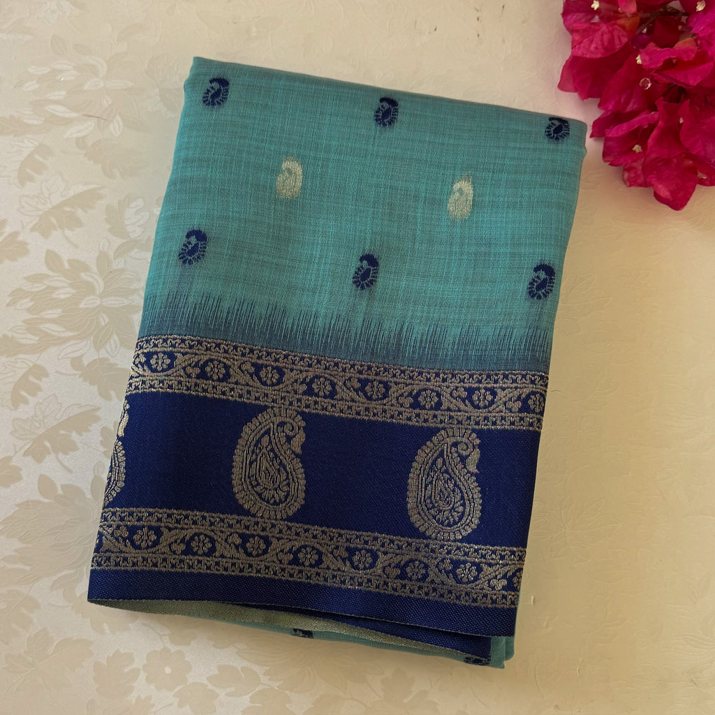 Teal Navy Gold Paisley Zari Saree With Tassels Elegant Traditional