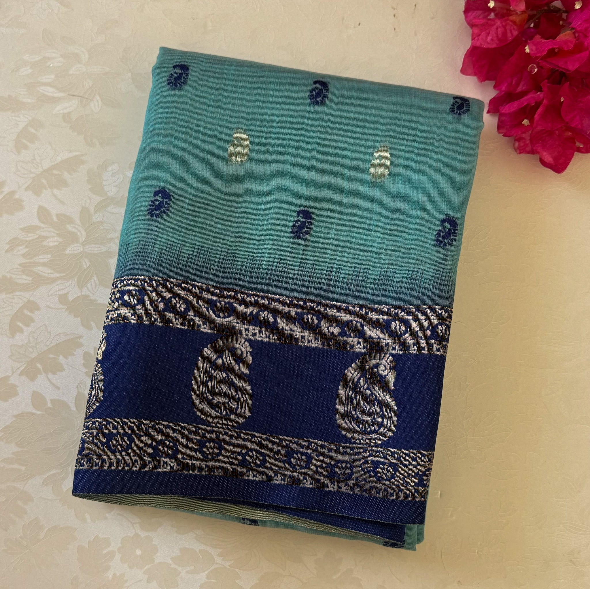 Teal Navy Gold Paisley Zari Saree With Tassels Elegant Traditional