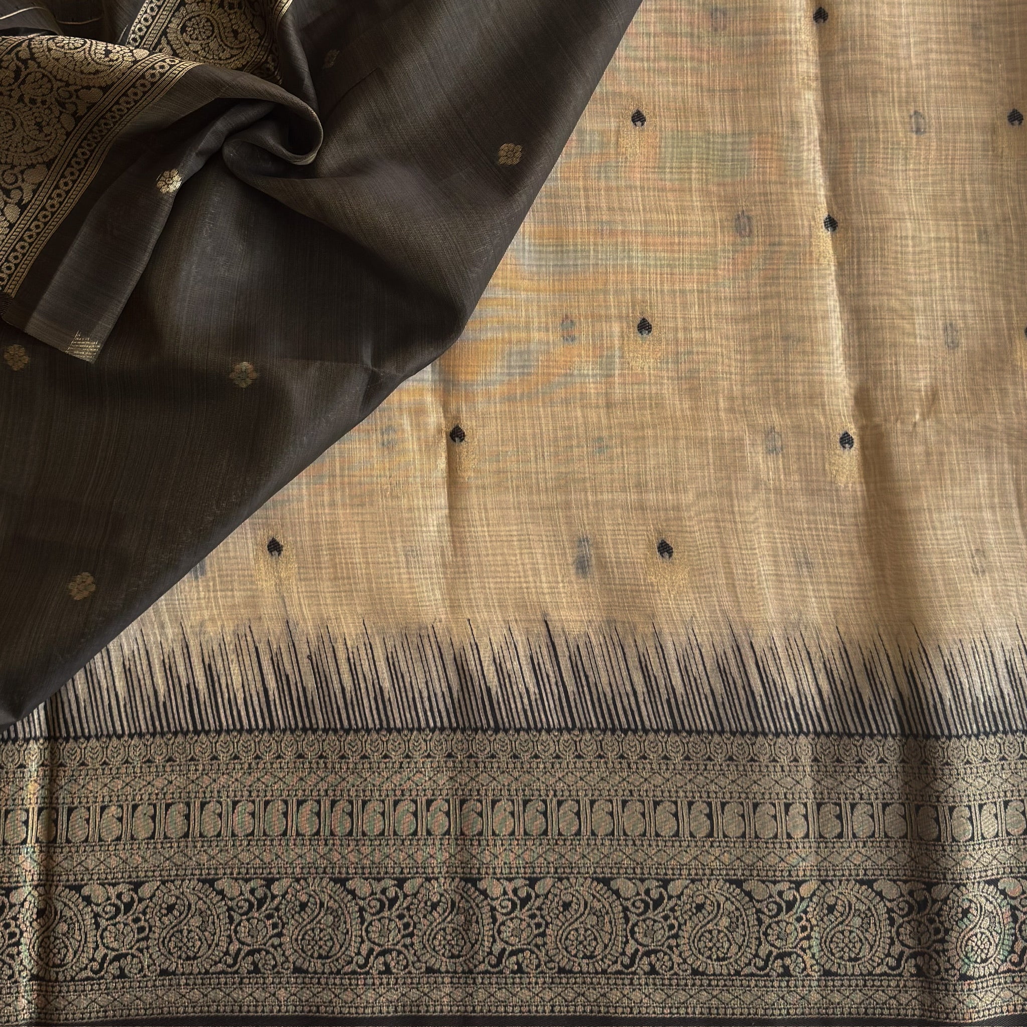 Beige Black Brocade Saree With Gold Paisley Pallu And Tassels
