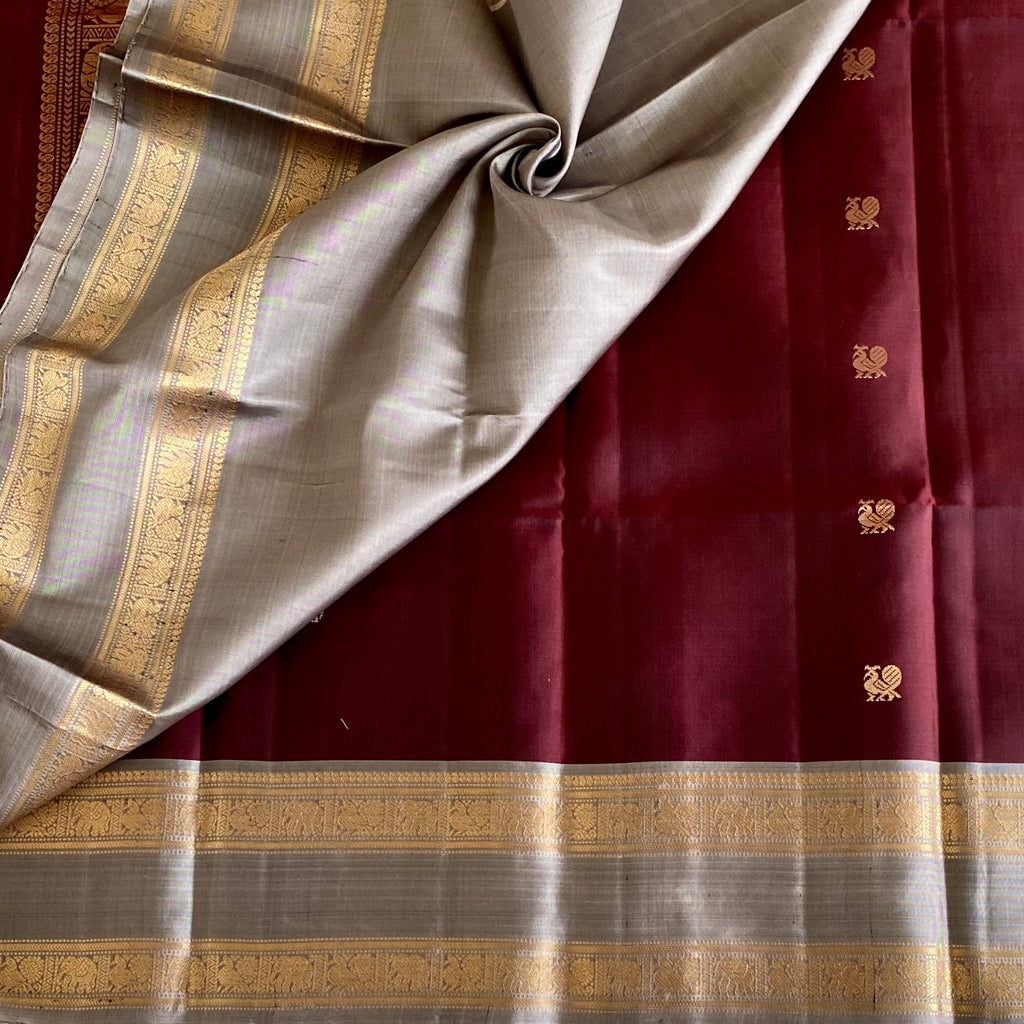 Deep Maroon Designer Pure Silk Saree With Silver Gray Brocade Pallu