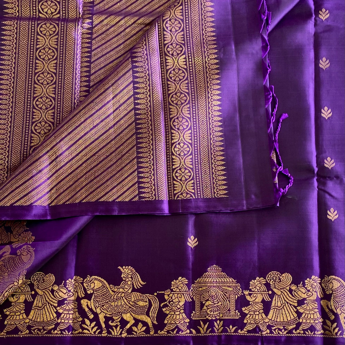 Royal Indigo Purple Designer Pure Silk Saree With Antique Gold Border Striped Pallu