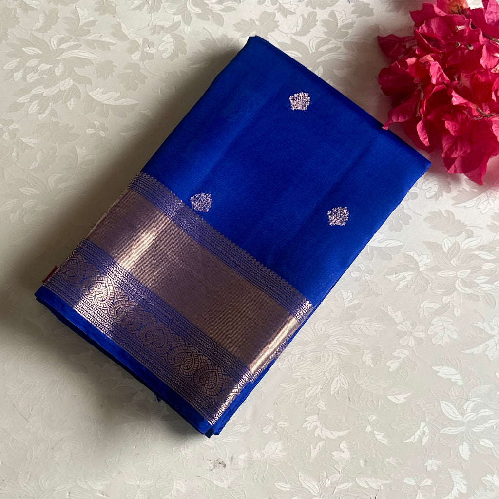 Cobalt Blue Designer Pure Silk Saree With Copper Gold Border