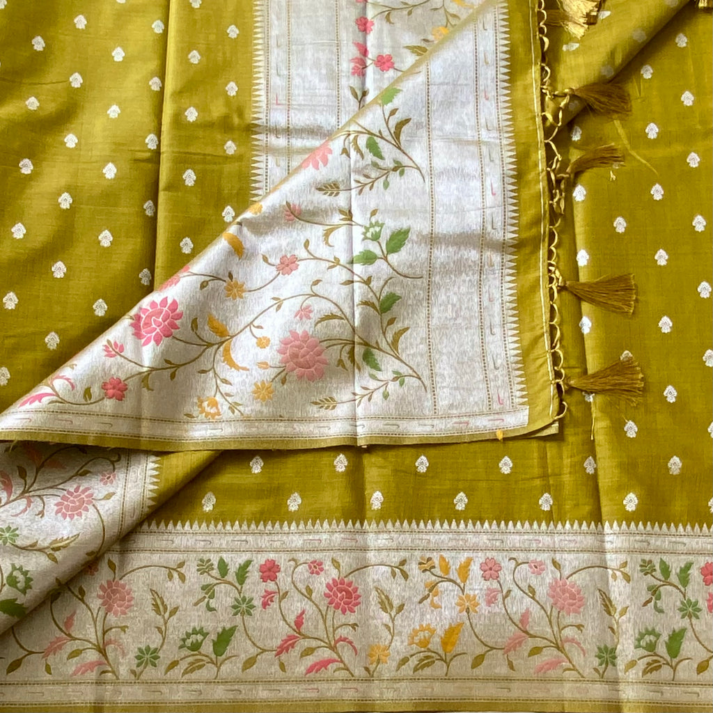 Olive Green Floral Silver Buti premium soft tussar with Meenakari work