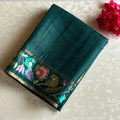 Deep Teal Soft Tussar Silk Saree With Antique Gold Floral Pallu