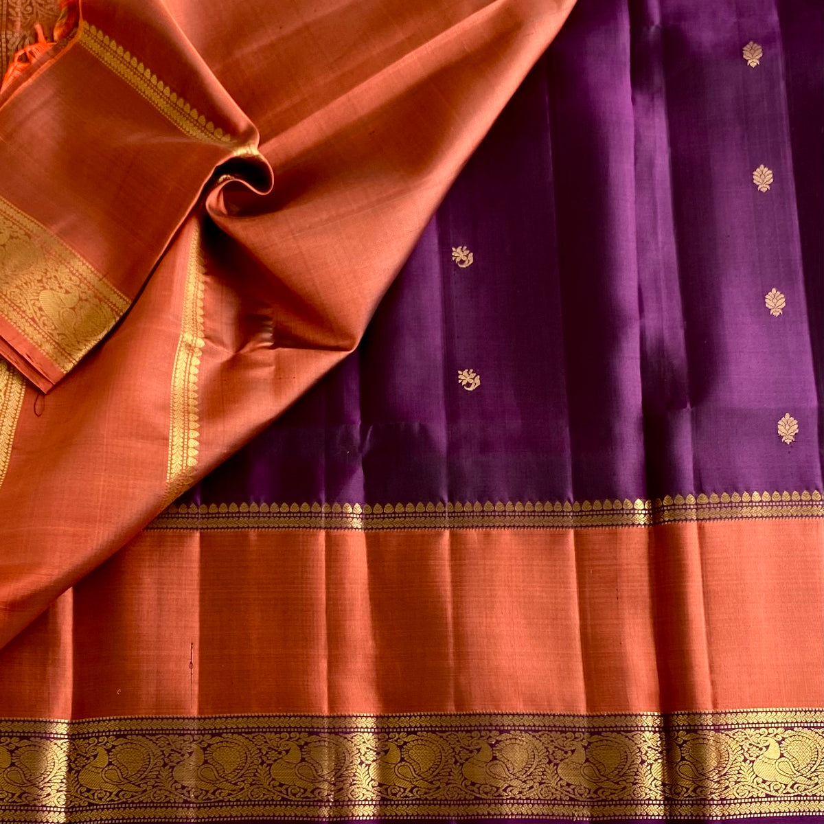 Wine Purple & Rust Orange Designer Pure Silk Saree With Zari Borders