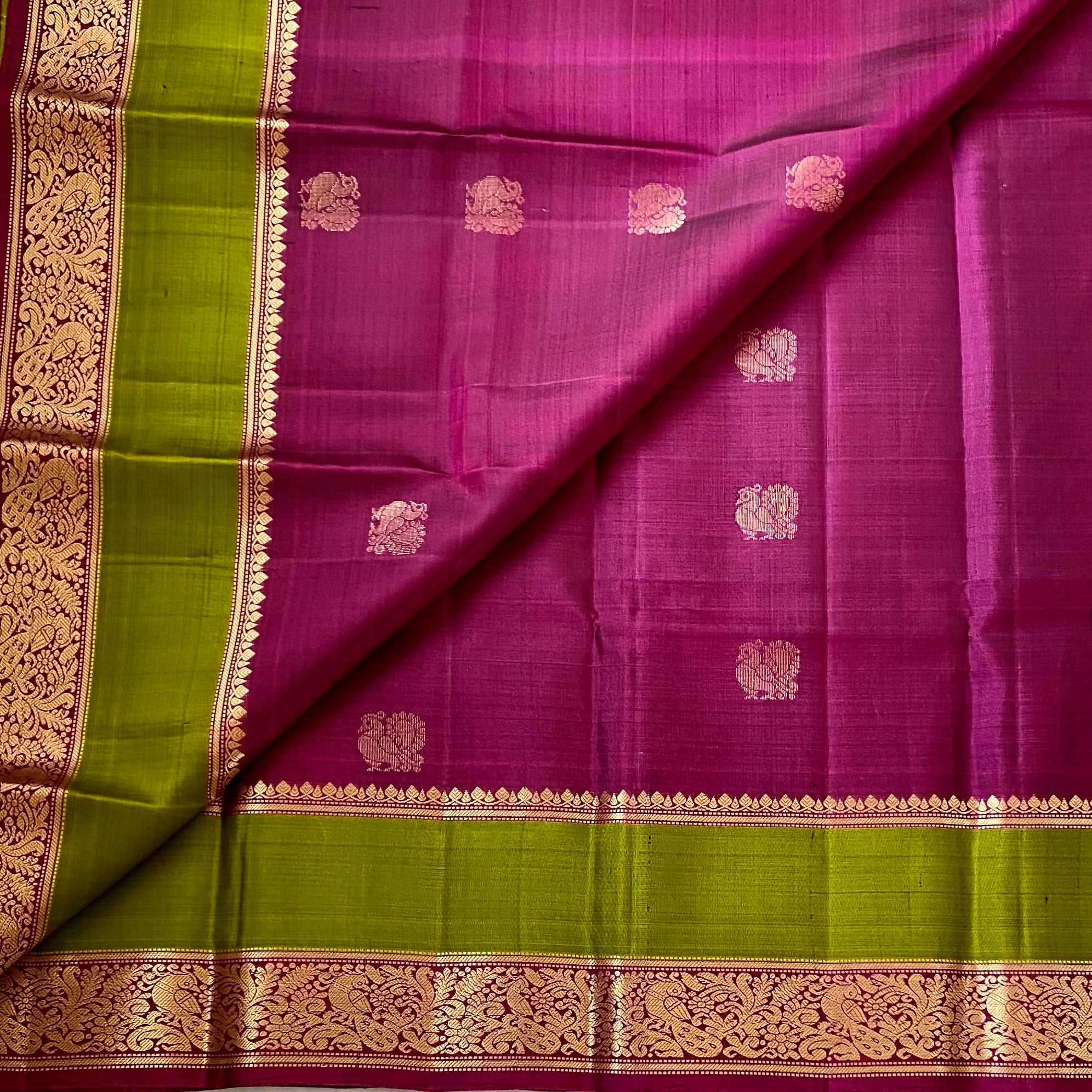 Exclusive Magenta with Olive green Handwoven Pure silk