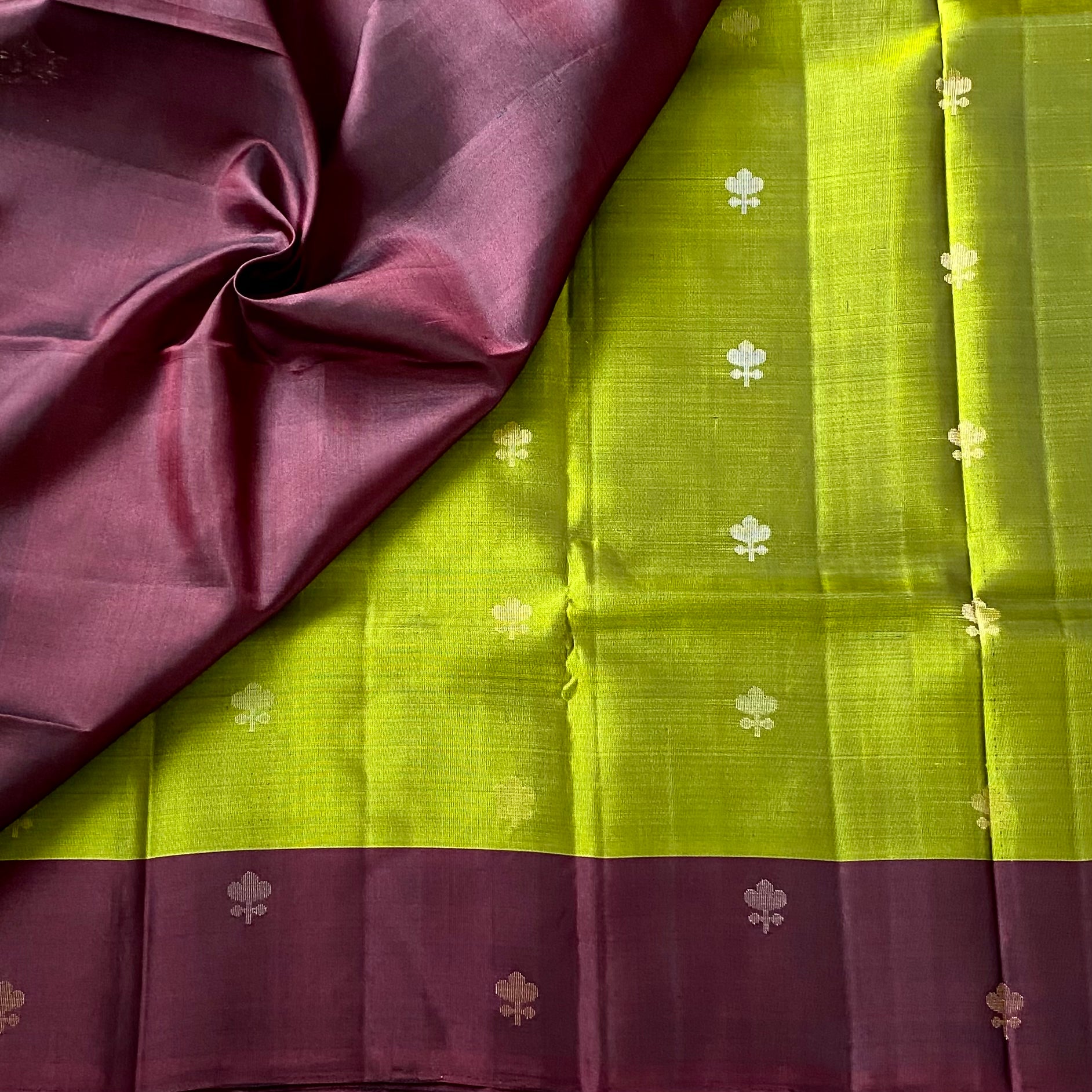 Chartreuse Green Silk Saree With Deep Burgundy Pallu And Zari
