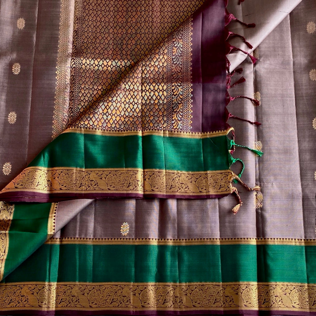 Taupe Designer Pure Silk Saree With Emerald Green And Deep Maroon Pallu