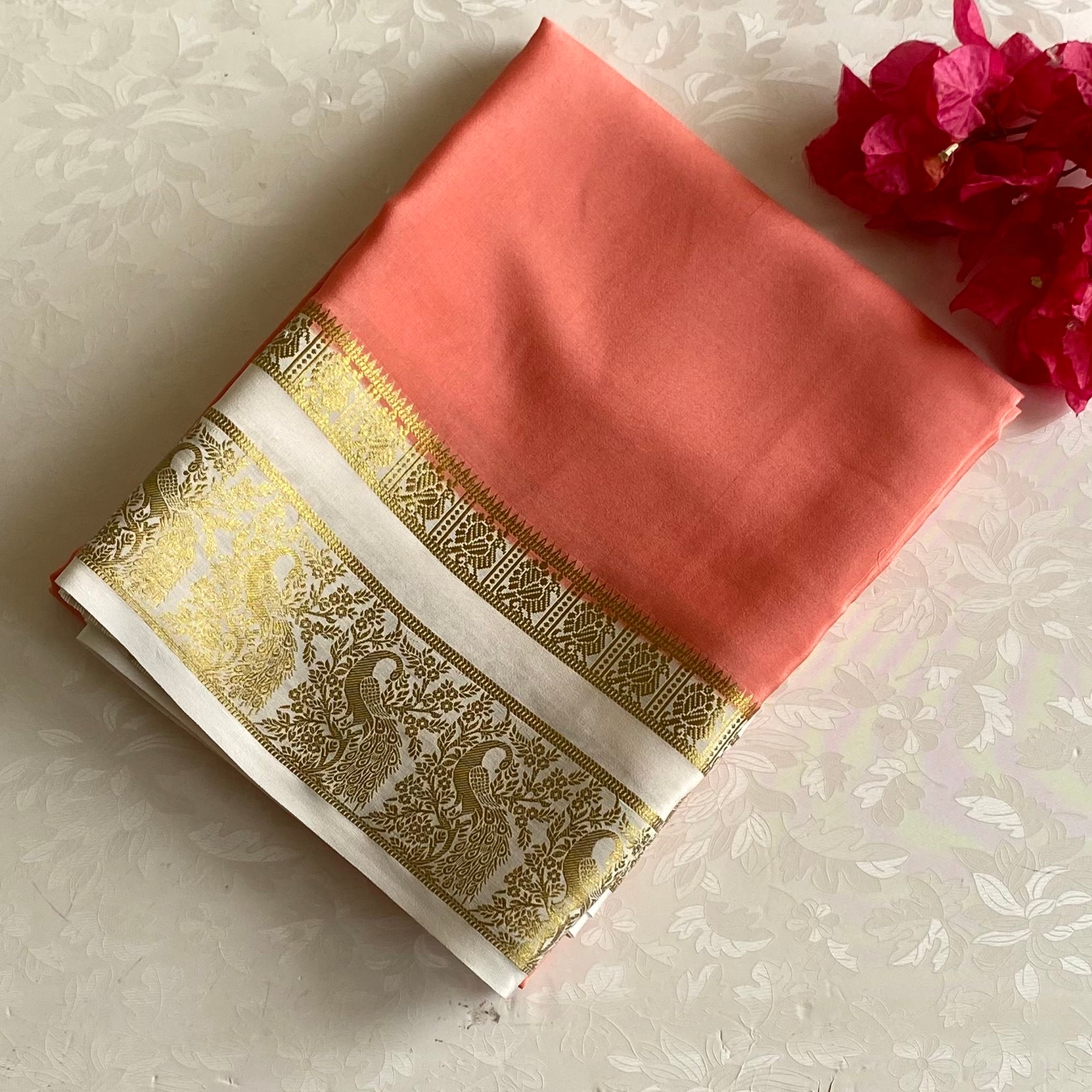 Rare Coral Peach With Ivory Mysore Crepe Silk Saree With Gold Border