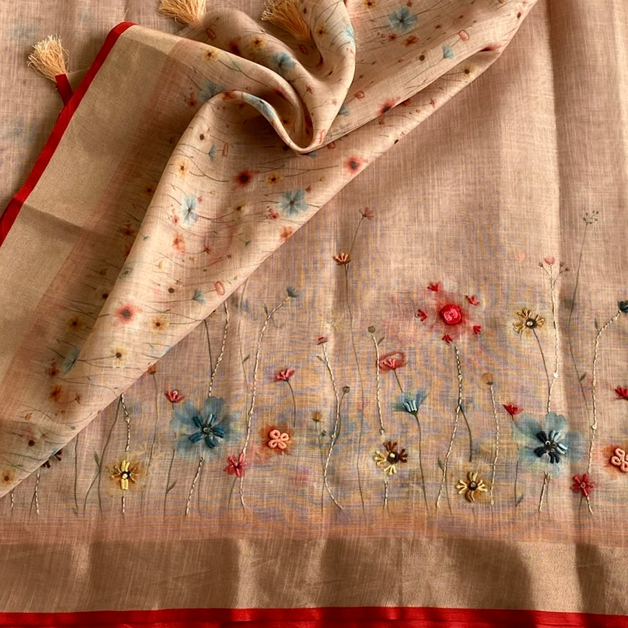 Blush Peach Soft Linen With Scarlet Red Border