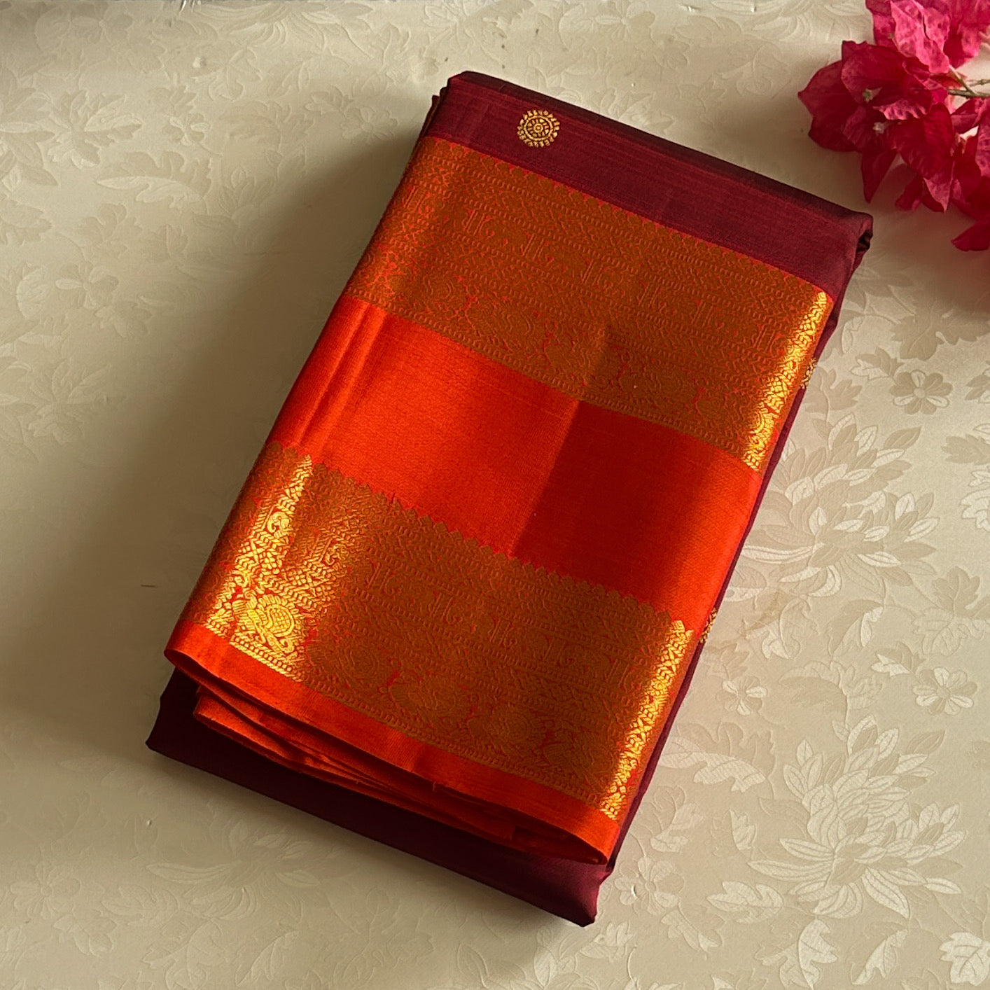 Maroon Orange Silk Saree Gold Buttas Woven Zari Border Pallu