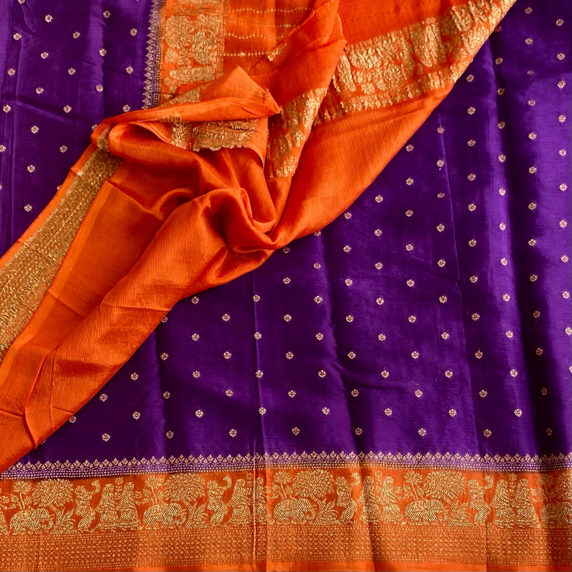 Royal Purple Soft Banarasi Crepe Saree With Tangerine Orange Pallu