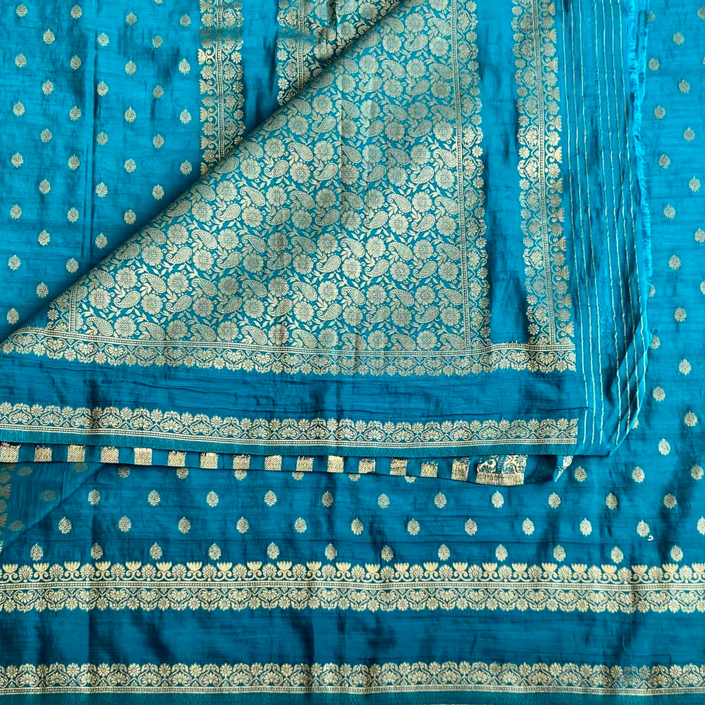 Turquoise Blue Soft Tussar Silk Saree With Metallic Gold Brocade Pallu